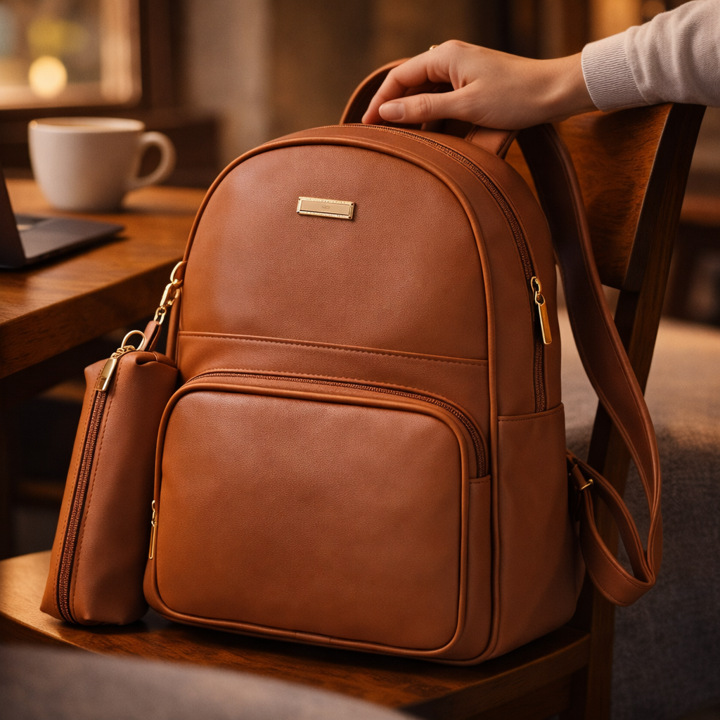 Mochila em Couro Sintético com Estojo (Conjunto)